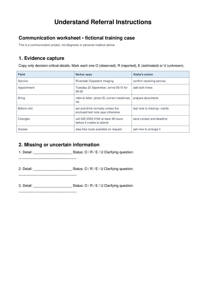 Understand Referral Instructions — Communication Worksheet